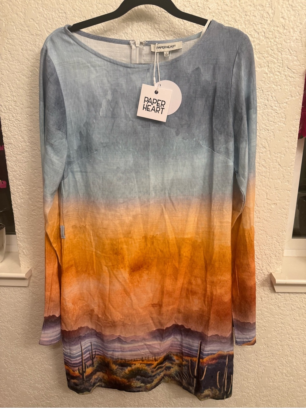 Paper Heart Kalahari Sunset Landscape Mini Dress S- 4 Linen Blend Limited Rare